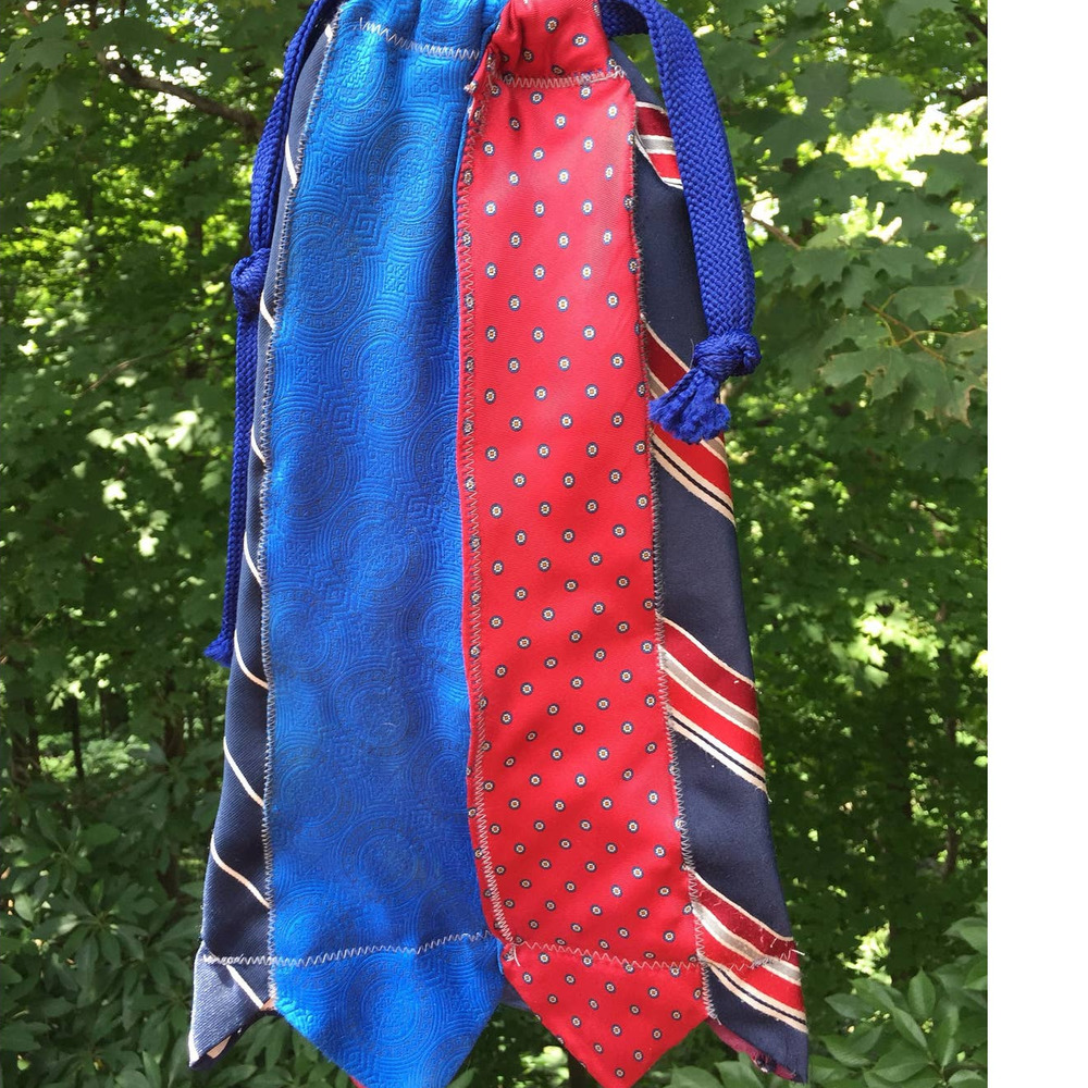 Handmade Upcycled Vintage Neck Tie Drawstring Wine Bottle Gift Shoulder Bag
